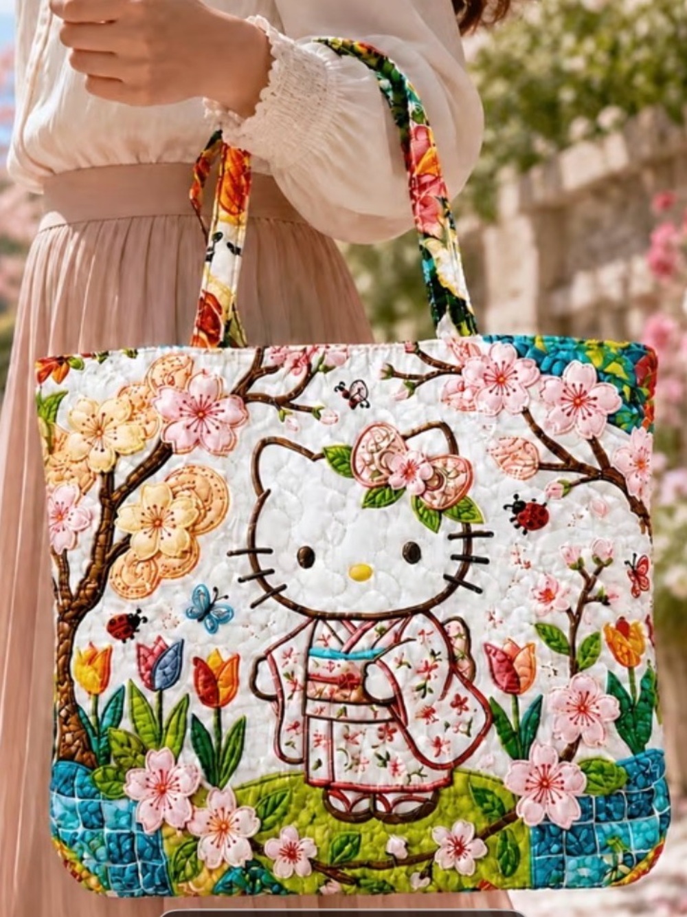 Hello Kitty Floral Quilted Tote Bag - White with Multicolor Accents